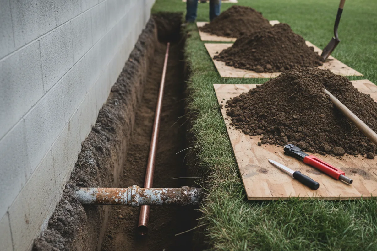 Excavated water line trench during Sewer Line Repair in Powell